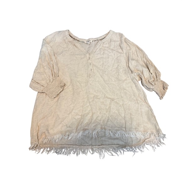 Umgee Tops - Umgee Linen Blend Henley Blouse Beige Boho Frayed Fringe Hem Smocked Sleeve L